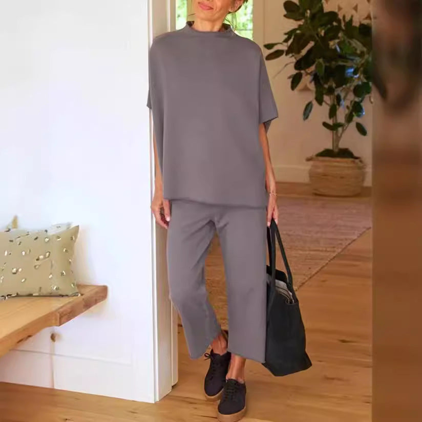 Women’s Casual Wide-Leg Pants Suit – Dolman Sleeve Pullover Two-Piece Set