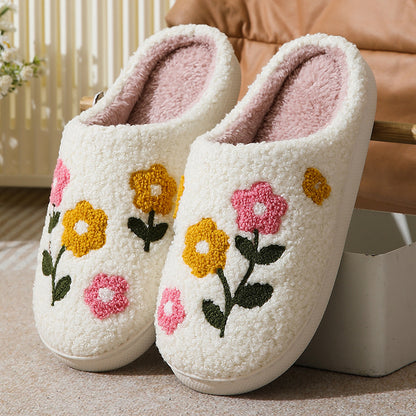 Women’s Warm Indoor Cotton Slippers – Colorful Floral Anti-Slip Winter House Shoes