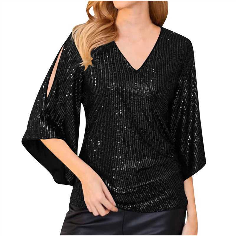 Women’s Sequined Party Top – Loose Mid-Length Short Sleeve Blouse
