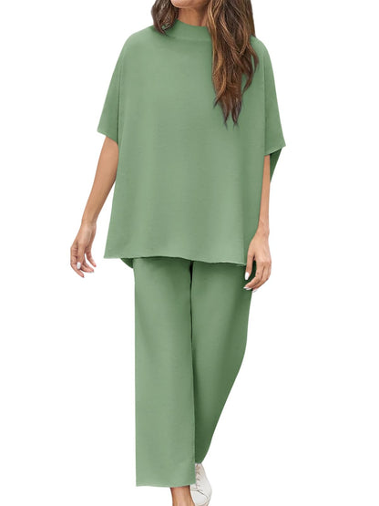 Women’s Casual Wide-Leg Pants Suit – Dolman Sleeve Pullover Two-Piece Set