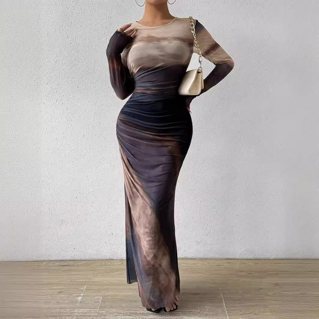 Women’s Tie-Dye Slim Fit Maxi Dress – Long Sleeve Bodycon Party Wear
