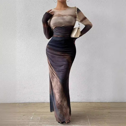 Women’s Tie-Dye Slim Fit Maxi Dress – Long Sleeve Bodycon Party Wear