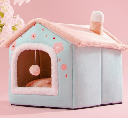 Foldable Pet House – Warm Enclosed Dog & Cat Bed with Removable Cushion