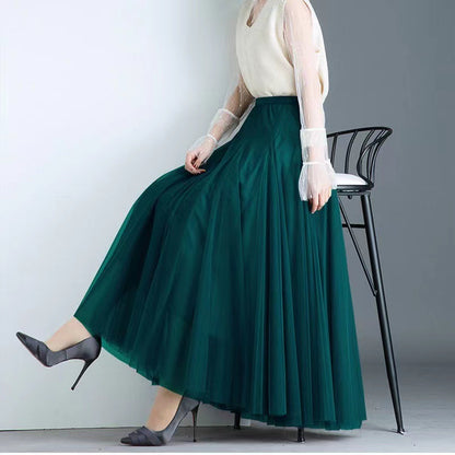 Women’s Pleated Mesh Midi Skirt – Elegant High Waist Swing Tulle Skirt