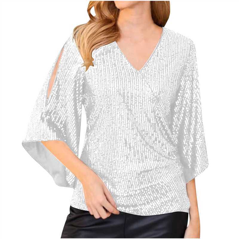 Women’s Sequined Party Top – Loose Mid-Length Short Sleeve Blouse