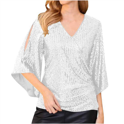 Women’s Sequined Party Top – Loose Mid-Length Short Sleeve Blouse