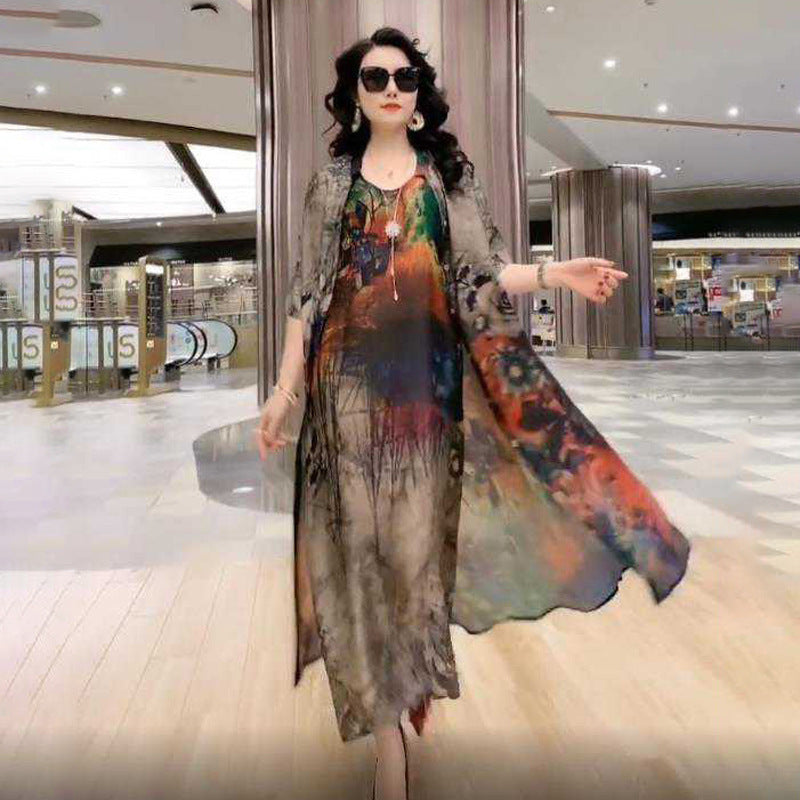 Women’s Artificial Silk Two-Piece Dress Set – Luxury Printed Loose Suit with Skirt