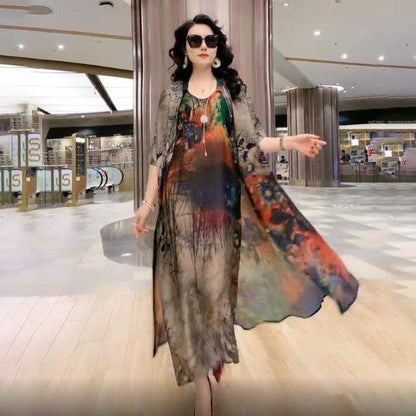 Women’s Artificial Silk Two-Piece Dress Set – Luxury Printed Loose Suit with Skirt