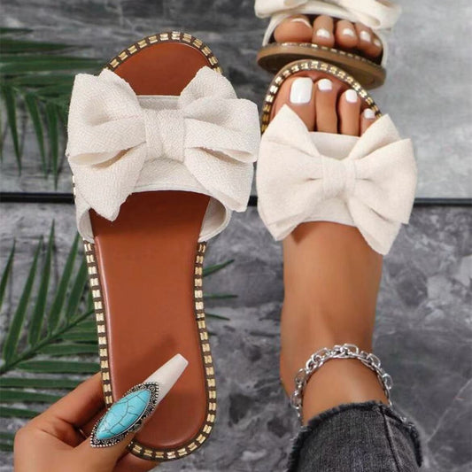 Women’s Rhinestone Bowknot Flat Slippers – Summer Casual Sandals