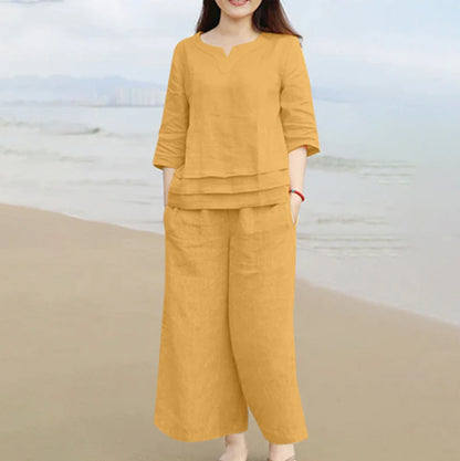Casual Women’s 2-Piece Linen Set – Loose Shirt & Wide-Leg Pants Co-ord