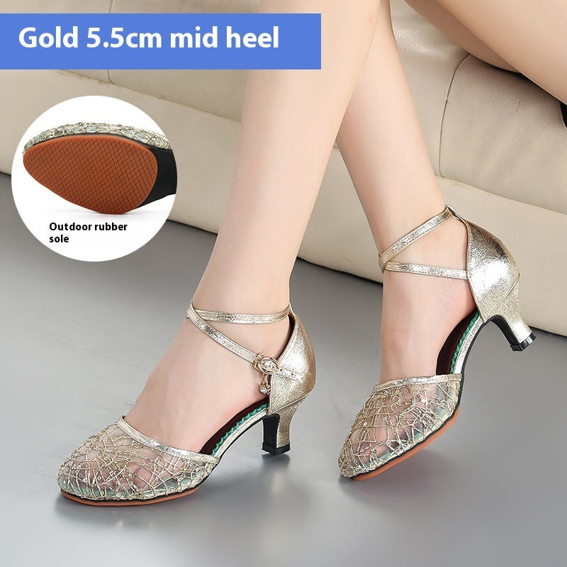 Women’s Latin Dance Shoes – Mid-Heel Elegant Lace Pumps for Summer Parties & Performances