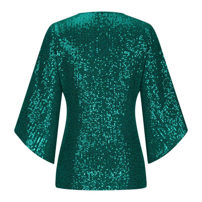 Women’s Sequined Party Top – Loose Mid-Length Short Sleeve Blouse