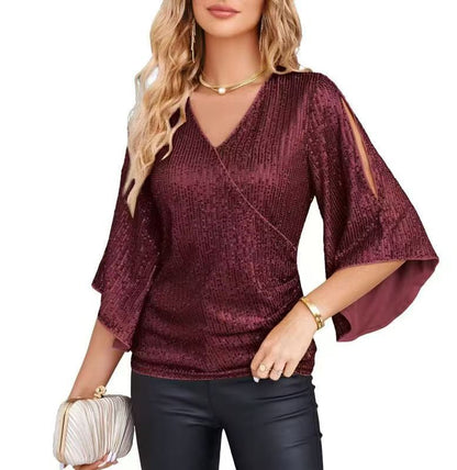Women’s Sequined Party Top – Loose Mid-Length Short Sleeve Blouse