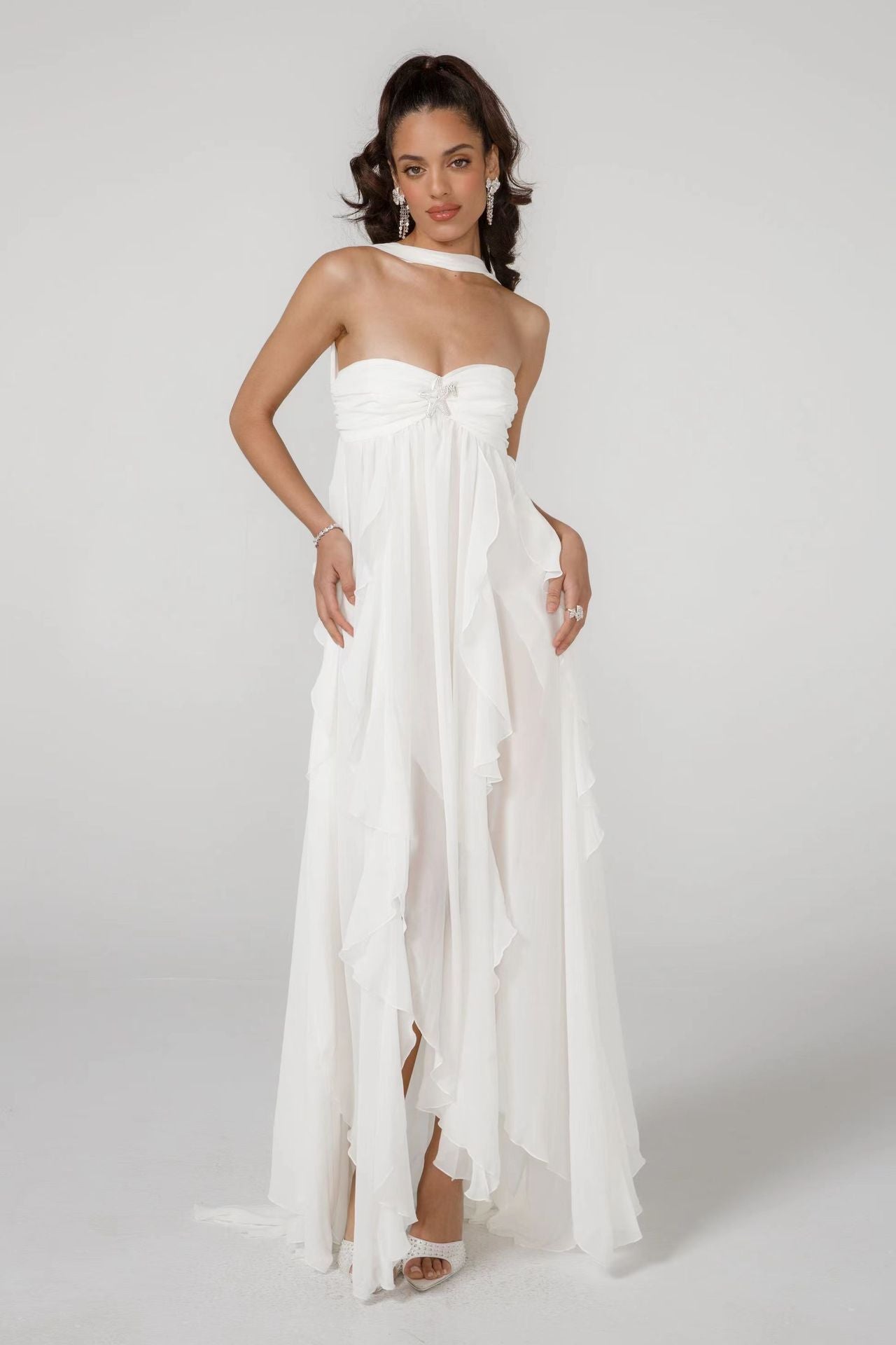 Women’s Chiffon Ruffle Maxi Gown – Elegant Strapless Evening & Wedding Dress