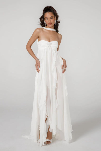 Women’s Chiffon Ruffle Maxi Gown – Elegant Strapless Evening & Wedding Dress