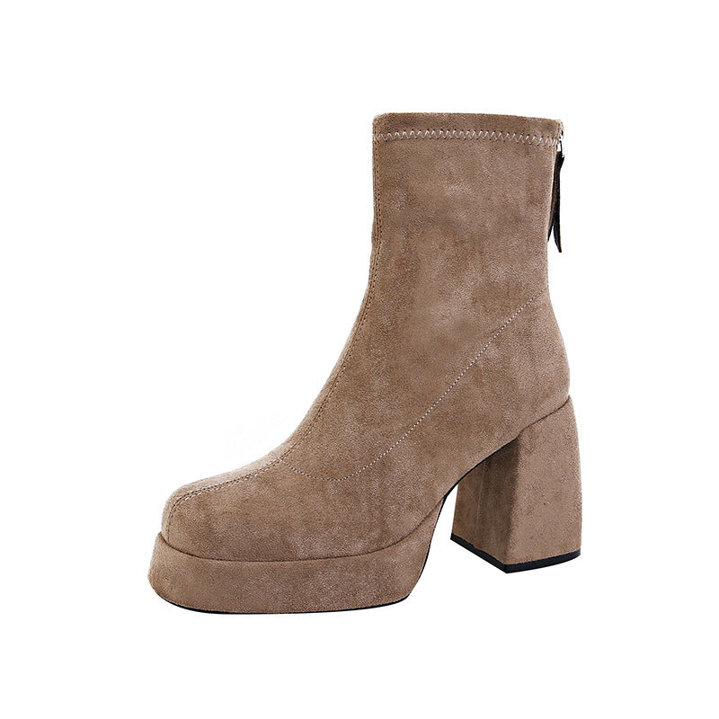 Fashion Suede Block Heel Boots – Women’s Back Zipper Ankle Boots