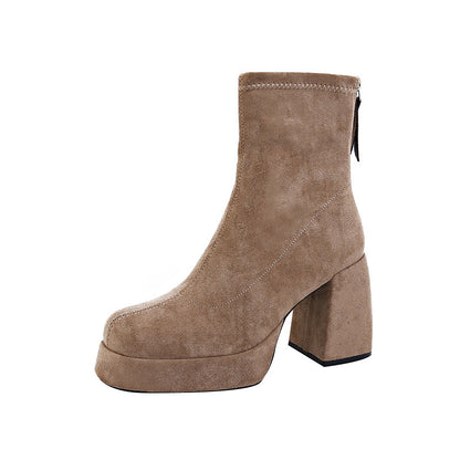 Fashion Suede Block Heel Boots – Women’s Back Zipper Ankle Boots