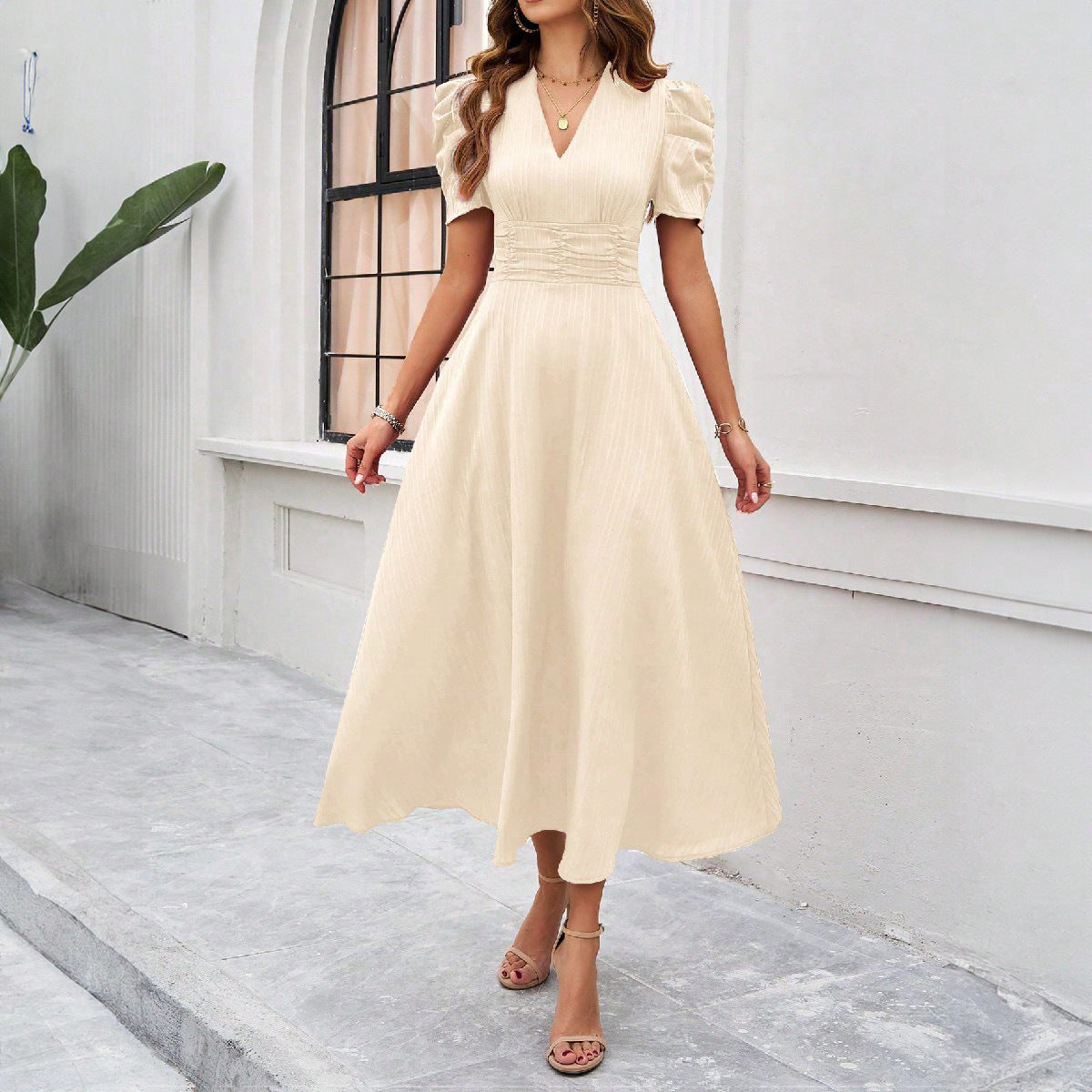 Spring & Summer Elegant Solid Color Dress – Waist-Tight Maxi Dress for Women