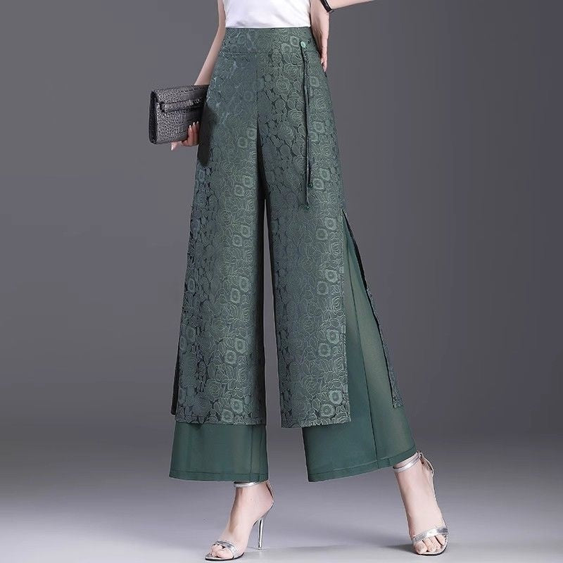 Women’s Chinese Style Split Pants – High Waist Loose Wide Leg Trousers