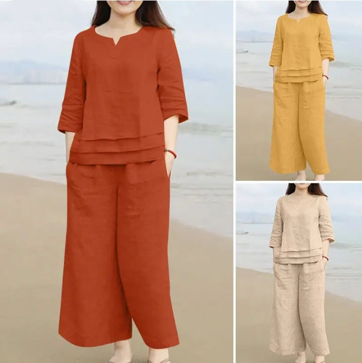 Casual Women’s 2-Piece Linen Set – Loose Shirt & Wide-Leg Pants Co-ord